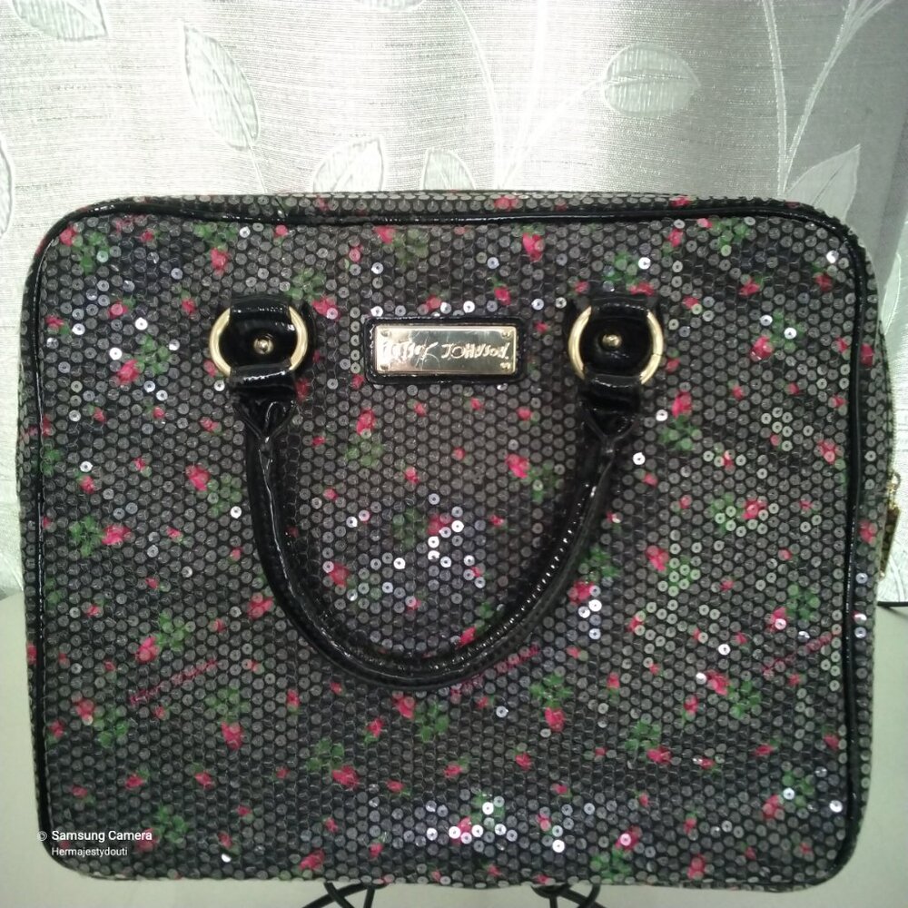Betsey Johnson Black/Floral Sequined Double Handle Zip Computer Laptop Bag NWOT